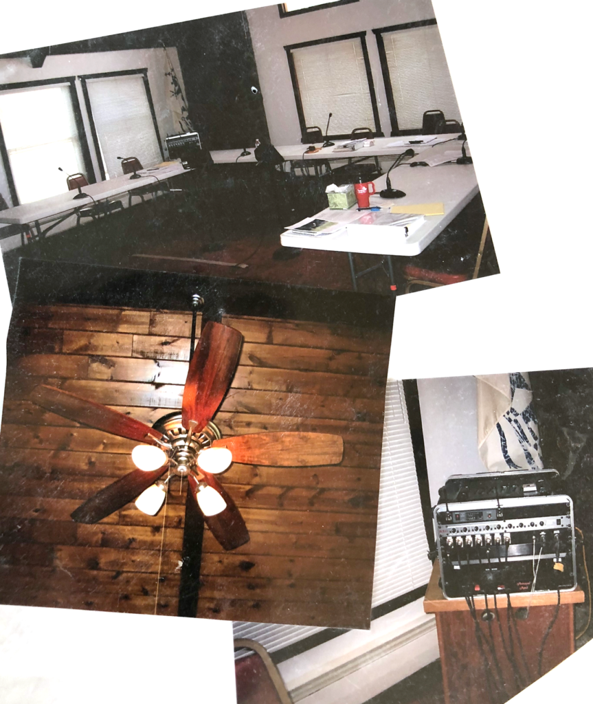 Collage of community improvement projects at Crystal Lakes Basecamp funded by the Crystal Lakes Community Fund Association, including a new ceiling fan, 8-foot tables, and a sound system.